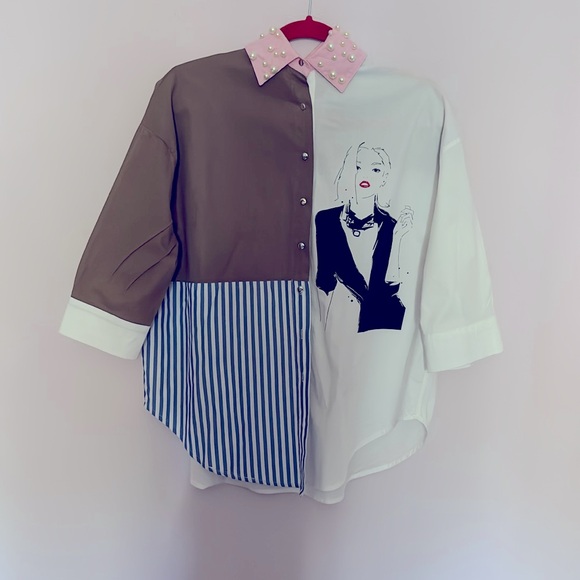 Design Lab..Brown and White Graphic Button-Up Shirt - Picture 2 of 5